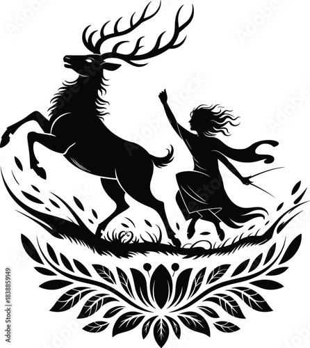 Magical stag and cloaked figure silhouette, nature swirl motif, fantasy vector scene, cad drawing flat vector illustration