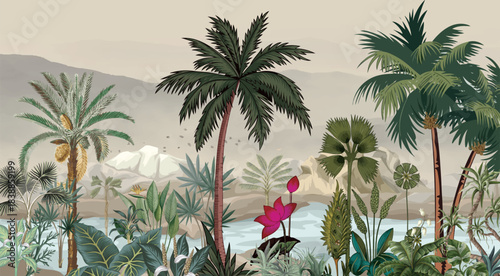 Mural Wallpaper. Watercolor Rainforest. Vintage Tropical Background Stock Illustration.