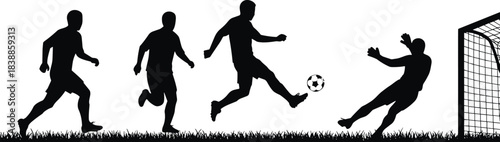 Silhouette soccer players in action, dynamic goal attempt, goalkeeper dive, teamwork motion, sports field, competitive match, black and white illustration