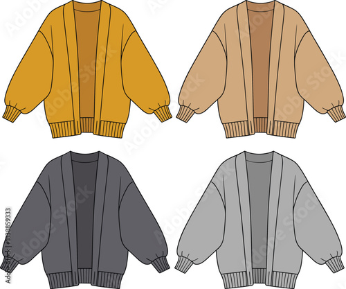 Oversized cardigan sketch, fashion cad drawing, flat vector illustration, dropped shoulder, gathered cuff, ribbed hem, garment design, layering style