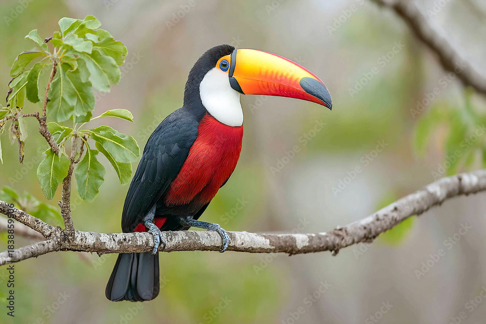 Fototapeta premium Colorful toucan perched on tropical branch in lush green environment Generative AI