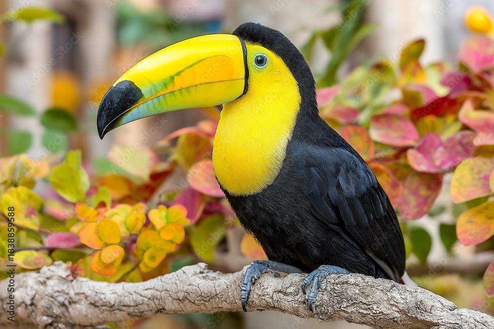 Fototapeta premium Colorful toucan resting on a tropical branch surrounded by vibrant leaves Generative AI
