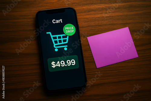 Wallpaper Mural Smartphone Screen with Shopping Cart and Price Drop Notification Next to Blank Purple Note Torontodigital.ca
