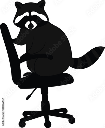 Minimalist raccoon silhouette sitting on office chair, whimsical cartoon animal illustration, humorous workplace concept, playful business lifestyle artwork, creative design element
