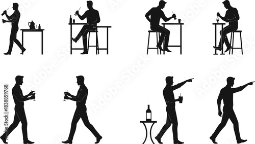 Male silhouettes drinking alcohol, sitting, standing, pouring, walking, social and solitary bar behavior illustration, expressive posture sequence