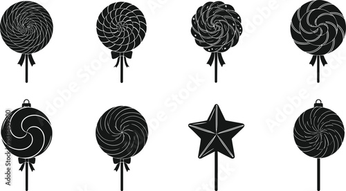 Lollipop silhouette icons, candy swirl, star-shaped sweet, black vector, festive treat, bow decoration, holiday dessert, graphic design, ornament candy, minimal style, sugar swirl, round lollipop