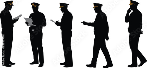 Military officer silhouettes in uniform, peaked caps, professional poses, reading, writing, pointing, walking, thinking, naval roles, leadership illustration
