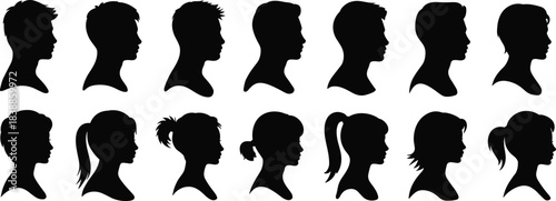 Male and female head silhouette set, human profile vector illustration, diverse people side view avatars, black isolated design