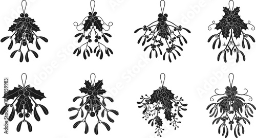 Mistletoe silhouette set, holiday berry and leaf arrangements, ribbon-tied festive icons, black vector illustration, Christmas botanical decoration design elements