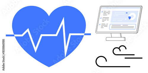 Digital health, telemedicine, fitness tracking, remote monitoring, data analytics, wellness. Blue heart with EKG line, computer monitor symbols. Digital health and telemedicine concept