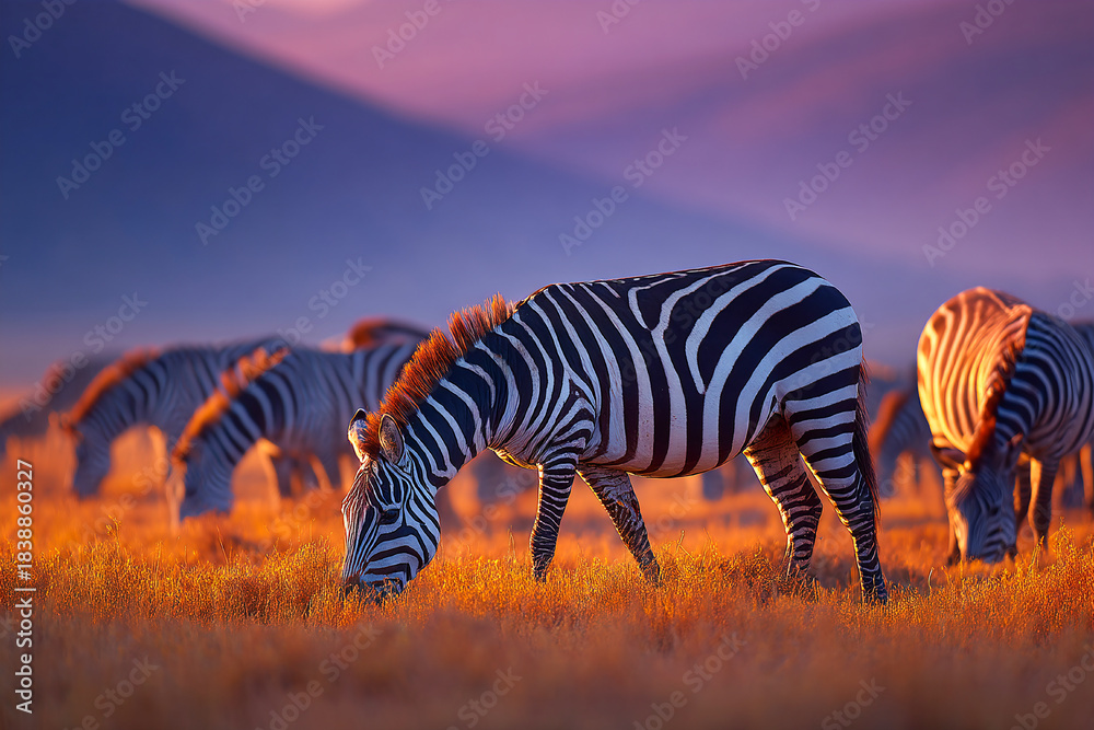 Naklejka premium Zebras grazing in a golden field with distant mountains at sunset Generative AI