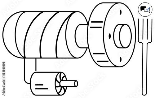 Mechanical turbine with cylindrical body, rotor, blades, and wiring. Ideal for energy, engineering, machinery, mechanics power generation technology and innovation themes. A simple flat metaphor