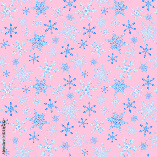 Watercolor snow flakes seamless patten on pink background