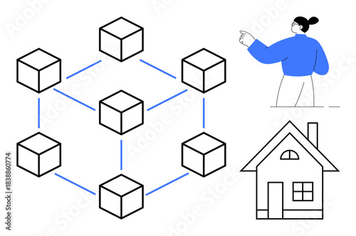 Blockchain, decentralization, property management, digital transactions, innovation, real estate. A network of cubes connected by lines, a house icon and a person pointing. Blockchain and property