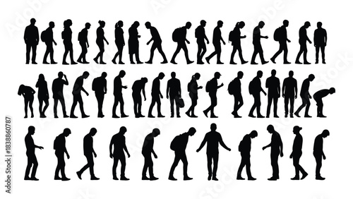 Silhouettes of walking people isolated on white