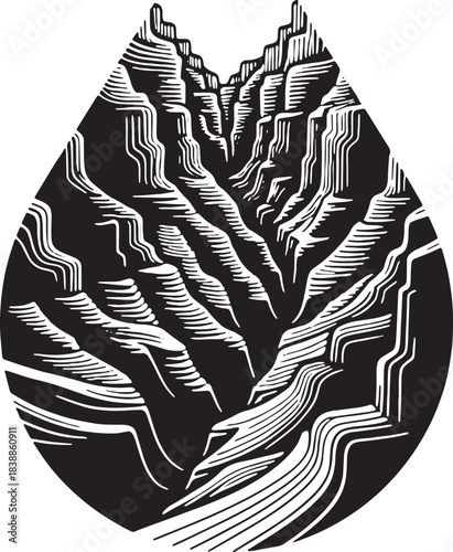 Black and white illustration of a deep canyon in a teardrop shape