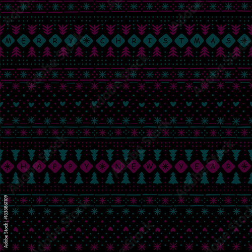 merry christmas. happy new year. winter hand drawn repetitive background. maroon, blue, black christmas ornament. vector seamless pattern. fabric swatch. wrapping paper. dark textile template