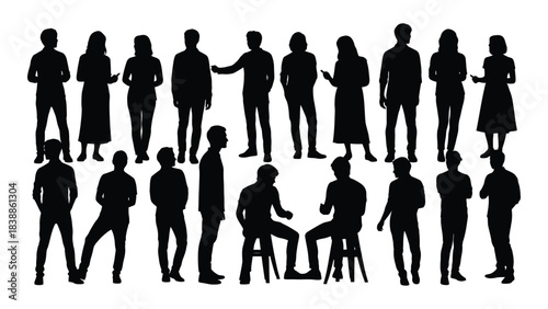 Silhouettes of people in various poses isolated on white