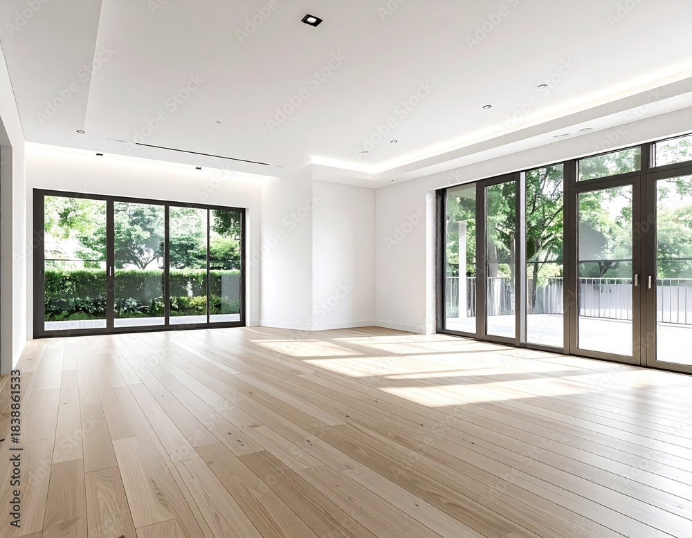 Obraz premium Empty bright room with hardwood floor and large windows
