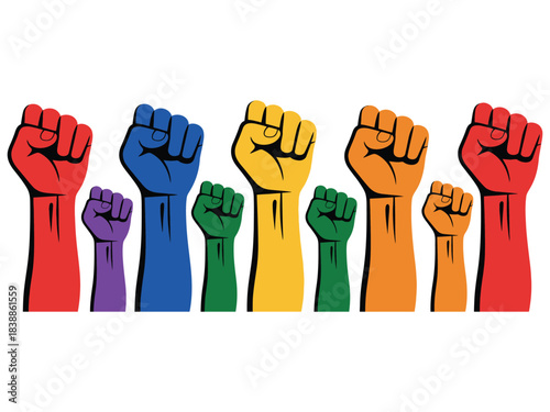 Raised Fists in Rainbow Colors Vector for Unity, Protest, and LGBTQ+ Pride