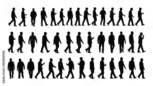 Silhouette of people walking isolated on white