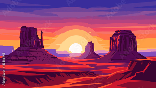 Vibrant desert landscape illustration at sunset with iconic rock formations and dramatic sky