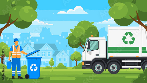 Sanitation worker collecting recycling bin next to garbage truck in suburban neighborhood with houses
