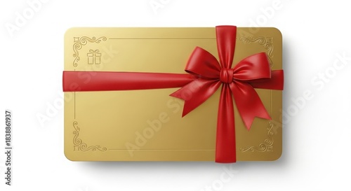 3D Gold Gift Card with Red Ribbon – Clean White Background, Elegant Design