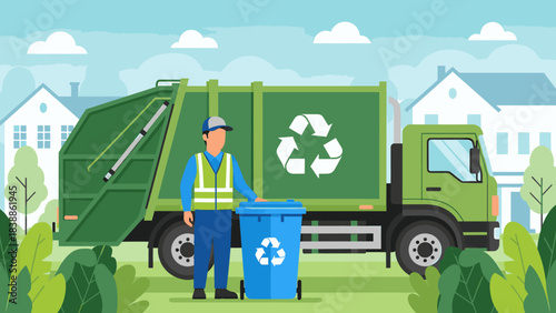 Sanitation worker with recycling bin next to garbage truck in a residential neighborhood setting.