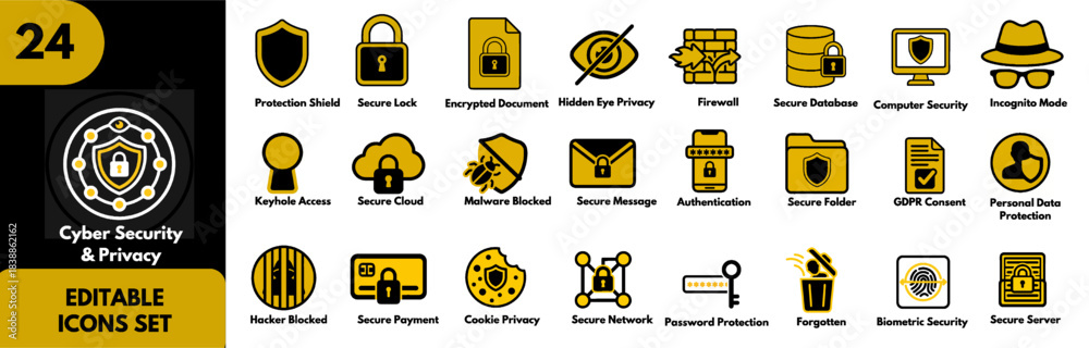 Naklejka premium Set of 24 Cyber Security and Data Privacy Icons. Vector Outline Symbols for Internet Protection, GDPR Compliance, Encryption, and Network Safety.