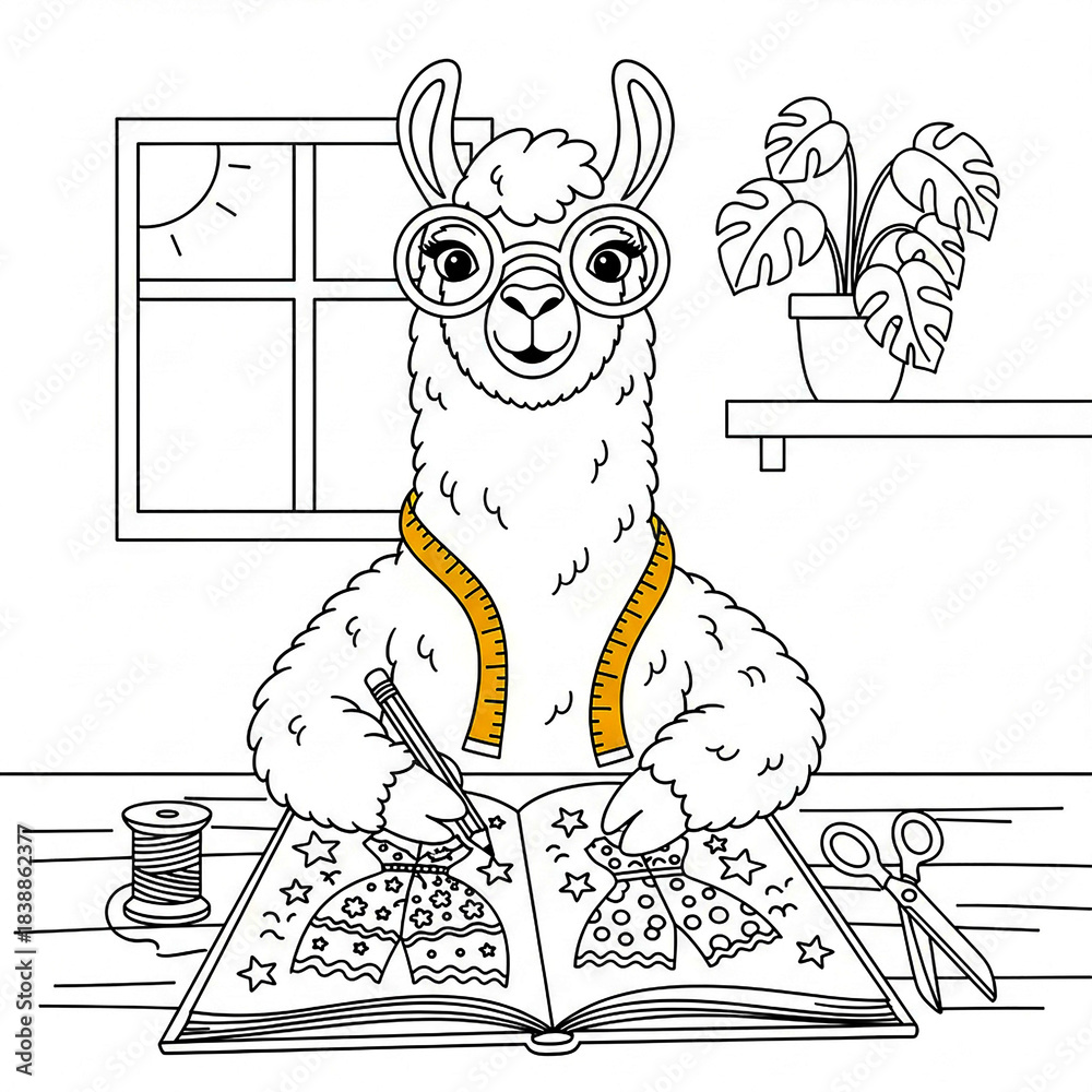 Fototapeta premium Smart llama wearing glasses sketching dress designs in book coloring page