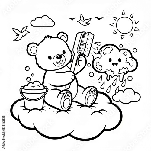 Cute bear sitting on cloud and cleaning happy rain cloud with brush coloring page