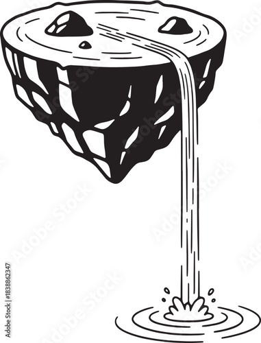 Floating island with a waterfall cascading into water