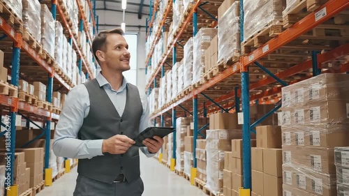 Business professional in a warehouse checks inventory on a tablet, showcasing organized shelves and boxes, camera follows with a smooth dolly movement