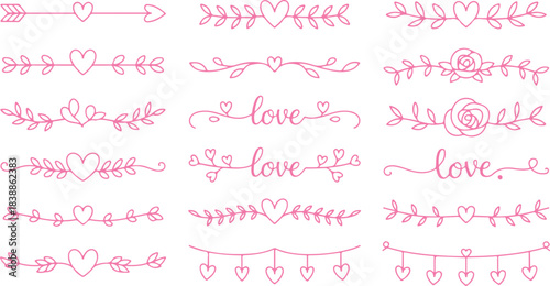 Whimsical pink love and heart themed decorative line art elements