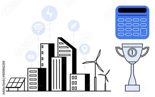 Urban development concept. Urban development integrates renewable energy, smart technology, and eco-friendly design. Urban development for city planning, sustainability, innovation, achievements