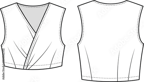 Sleeveless wrap crop top technical flat sketch, fashion CAD vector illustration with detailed seams, darts and design lines for apparel