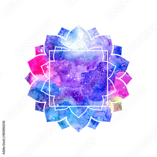 Illustration of mandala shape with white frame. Multicolored colorful watercolor texture, background. Oriental ethnic asian lotus flower symbol sign, chakra silhouette. Blue purple pink colors.
