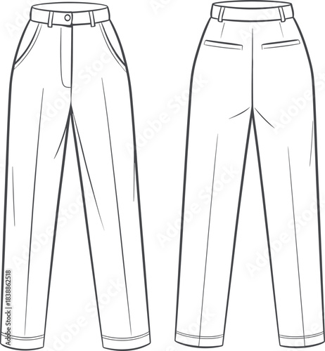 Straight-leg trouser technical flat with front pleats, side pockets, waistband, welt back pockets, and clean vector fashion illustration