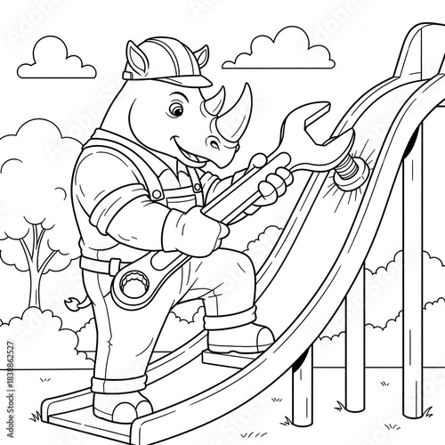 Rhino wearing a hard hat and overalls, fixing a playground slide with a wrench