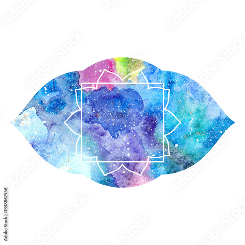 Illustration of watercolor oriental ethnic frame. Multicolored colorful watercolor texture, space cosmic background. Blue purple colors.