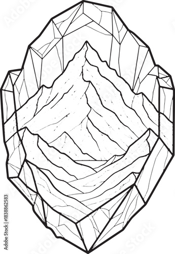 Geometric frame enclosing a mountain range illustration