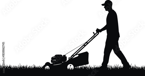 Silhouette lawn mowing worker pushing grass cutter, outdoor gardening maintenance scene, professional landscaper illustration, clean vector design, cad drawing flat vector illustration