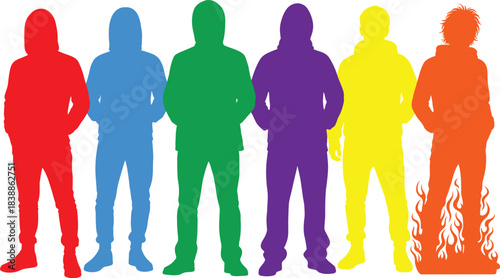 Six colorful human silhouettes in hooded clothing with symbolic flame effect, character identity concept, cad drawing flat vector illustration