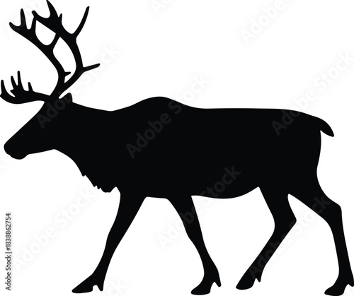 Reindeer walking silhouette vector, Arctic wildlife clipart, caribou motion graphic, black animal icon, isolated tundra mammal design