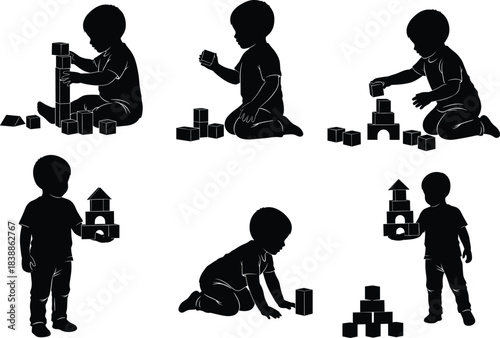 Silhouette children playing with building blocks, creative toddler activity illustration showing educational development fun, construction toys design, cad drawing flat vector illustration