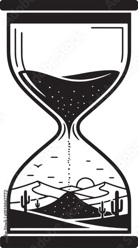 Hourglass with desert landscape and sunset scene Keywords: hourglass, time, desert, landscape