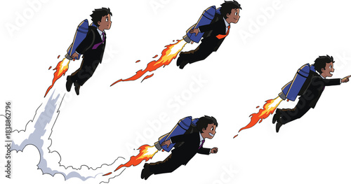 Set of four cartoon business figures flying with jetpacks, futuristic technology illustration, innovation progress leadership concept, dynamic motion creative design