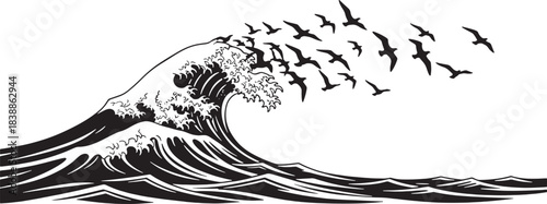 Large ocean wave with flock of birds flying Keywords: wave, ocean, sea, water, surf, surfing