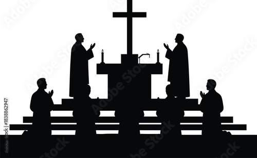 Religious ceremony silhouette, altar with cross, priests and worshippers praying, church ritual scene, spiritual devotion, black vector illustration, faith